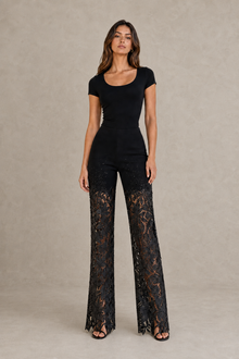 Load image into Gallery viewer, black-embellished-lace-applique-pants — stone gray editorial model front image