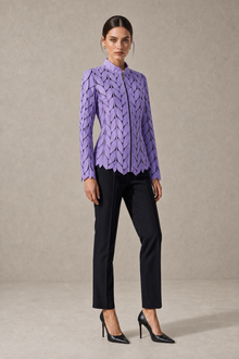 Load image into Gallery viewer, purple-laser-cut-jacket — stone gray editorial model three-quarter image