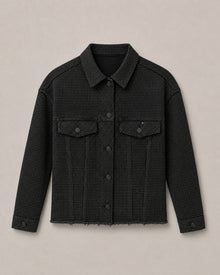 Load image into Gallery viewer, Black rhinestone trucker jacket, longer front view