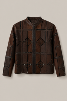 Load image into Gallery viewer, brown-laser-cut-jacket-02 — stone gray product hero image