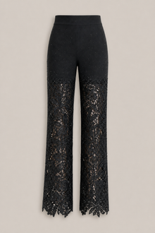 Load image into Gallery viewer, black-embellished-lace-applique-pants — stone gray product hero image