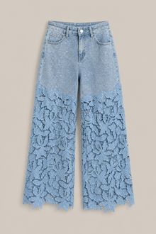 Load image into Gallery viewer, light-blue-denim-lace-overlay-wide-leg-pants — stone gray product hero image
