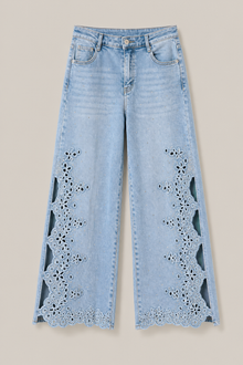 Load image into Gallery viewer, light-wash-eyelet-floral-cutout-wide-leg-jeans — stone gray product hero image