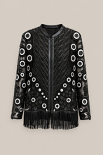 Load image into Gallery viewer, black-fringe-embroidered-jacket — stone gray product hero image