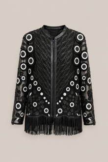 Load image into Gallery viewer, black-fringe-embroidered-jacket — stone gray product hero image