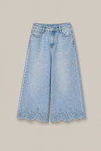 Load image into Gallery viewer, light-blue-wide-leg-denim-pants-scalloped-lace-hem — stone gray product hero image