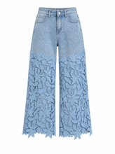Load image into Gallery viewer, light blue denim lace overlay wide leg pants - hero