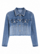 Load image into Gallery viewer, light wash eyelet denim jacket detail product - hero