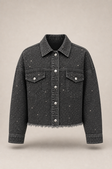 Load image into Gallery viewer, black-studded-denim-jacket — slot 01 restored product front hero v5 restored