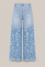 Load image into Gallery viewer, light-blue-denim-lace-overlay-wide-leg-pants — stone gray product back image