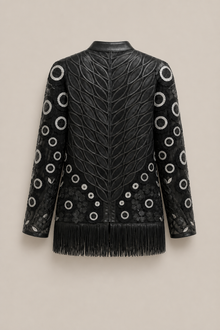Load image into Gallery viewer, black-fringe-embroidered-jacket — stone gray product back image