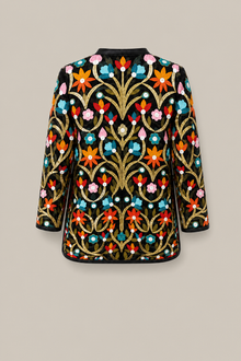 Load image into Gallery viewer, black-multicolor-floral-embroidered-jacket — stone gray product back image
