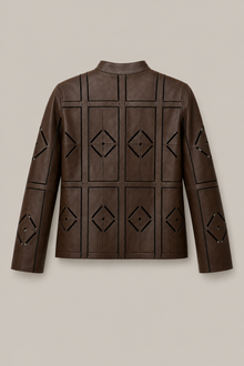 Load image into Gallery viewer, brown-laser-cut-jacket-02 — stone gray product back image