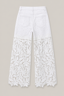 Load image into Gallery viewer, white-lace-applique-wide-leg-jeans — stone gray product back image