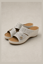 Load image into Gallery viewer, Crystal Embellished and Perforated Wedge with Floral Accents — stone grey product image