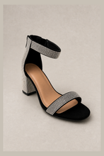 Load image into Gallery viewer, Black Chunky High Heel Sandal with White Crystal Embellishments — stone grey product image