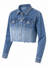 Load image into Gallery viewer, light wash eyelet denim jacket detail product - product-three-quarter-front