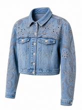 Load image into Gallery viewer, embellished light wash denim jacket pair 02 - product-three-quarter-front