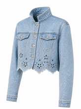 Load image into Gallery viewer, light wash eyelet denim jacket - product-three-quarter-front