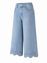 Load image into Gallery viewer, light blue wide leg denim pants scalloped lace hem - product-three-quarter-front