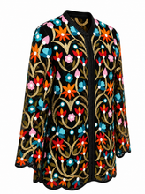 Load image into Gallery viewer, black multicolor floral embroidered jacket - product-three-quarter-front