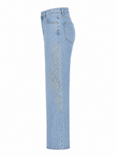 Load image into Gallery viewer, light blue wide leg embroidered denim pants - product-side