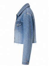 Load image into Gallery viewer, light wash eyelet denim jacket detail product - product-side