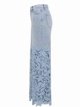 Load image into Gallery viewer, light blue denim lace overlay wide leg pants - product-side