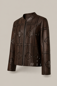 Load image into Gallery viewer, brown-laser-cut-jacket-02 — stone gray product three-quarter front image