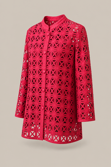 Load image into Gallery viewer, red-geometric-cutout-tunic-jacket — stone gray product three-quarter front image