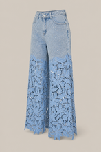 Load image into Gallery viewer, light-blue-denim-lace-overlay-wide-leg-pants — stone gray product three-quarter front image
