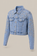Load image into Gallery viewer, embellished-light-wash-denim-jacket-pair-01 — stone gray product three-quarter front image