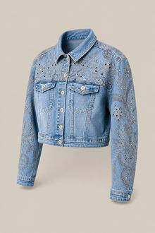 Load image into Gallery viewer, embellished-light-wash-denim-jacket-pair-02 — stone gray product three-quarter front image