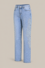Load image into Gallery viewer, light-blue-wide-leg-embroidered-denim-pants — stone gray product three-quarter front image