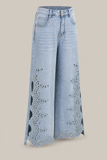 Load image into Gallery viewer, light-wash-eyelet-floral-cutout-wide-leg-jeans — stone gray product three-quarter front image