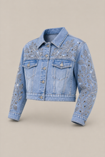 Load image into Gallery viewer, catalog-nr3963-light-wash-denim-jacket-reference — stone gray product three-quarter front image