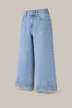 Load image into Gallery viewer, light-blue-wide-leg-denim-pants-scalloped-lace-hem — stone gray product three-quarter front image