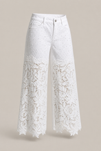 Load image into Gallery viewer, white-lace-applique-wide-leg-jeans — stone gray product three-quarter front image