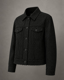 Load image into Gallery viewer, Black rhinestone trucker jacket, longer three-quarter view