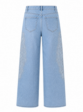 Load image into Gallery viewer, light blue wide leg embroidered denim pants - product-back