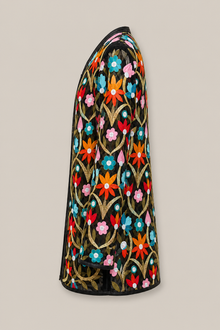 Load image into Gallery viewer, black-multicolor-floral-embroidered-jacket — stone gray product side image