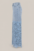 Load image into Gallery viewer, light-blue-denim-lace-overlay-wide-leg-pants — stone gray product side image