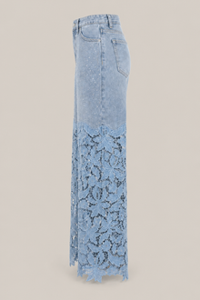 Load image into Gallery viewer, light-blue-denim-lace-overlay-wide-leg-pants — stone gray product side image