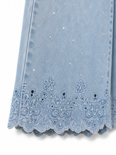 Load image into Gallery viewer, light blue wide leg denim pants scalloped lace hem - detail