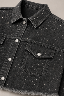 Load image into Gallery viewer, black-studded-denim-jacket — slot 05 restored product detail close-up v5 restored final