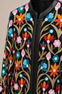 Load image into Gallery viewer, black-multicolor-floral-embroidered-jacket — stone gray product detail image