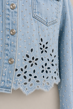 Load image into Gallery viewer, light-wash-eyelet-denim-jacket — stone gray product detail image