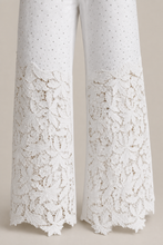 Load image into Gallery viewer, white-lace-applique-wide-leg-jeans — stone gray product detail image