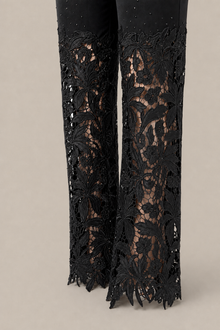 Load image into Gallery viewer, black-embellished-lace-applique-pants — stone gray product detail image