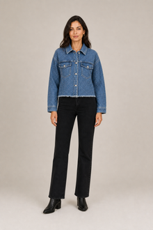 Load image into Gallery viewer, medium-blue-studded-denim-jacket — slot 06 restored age-25 boots editorial model front v5 restored final